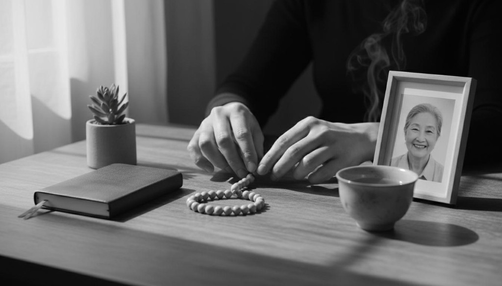 Hands with prayer beads beside a framed photo and journal in quiet reflection