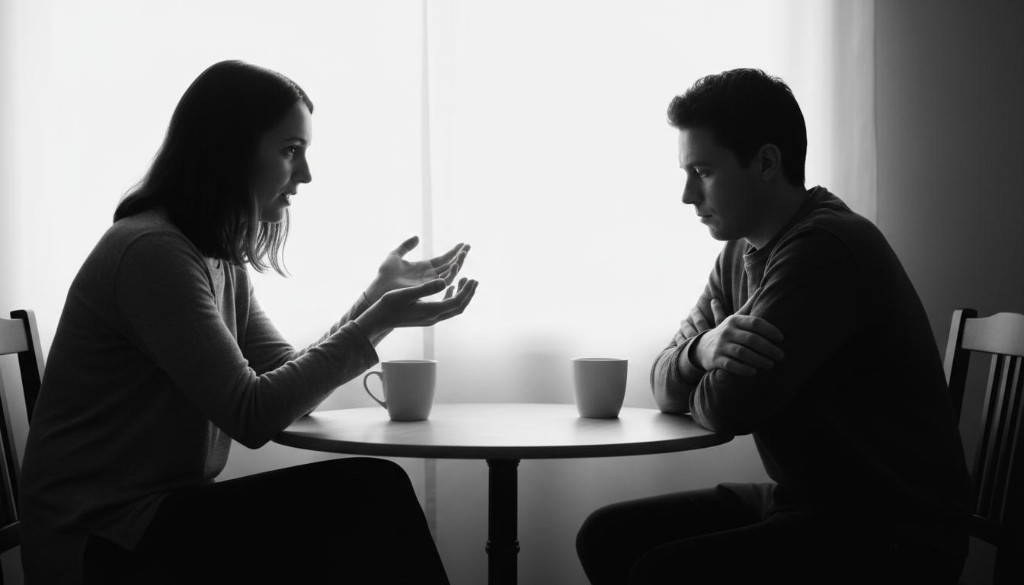 Two people having a calm, serious conversation at a table