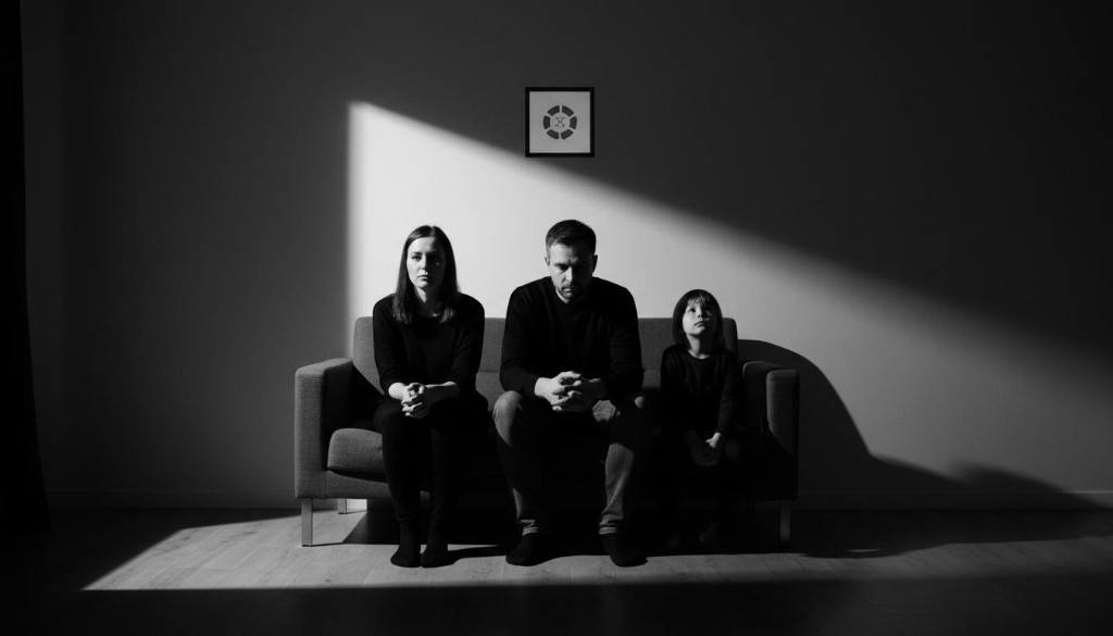 Family of three sitting together on a couch in quiet reflection