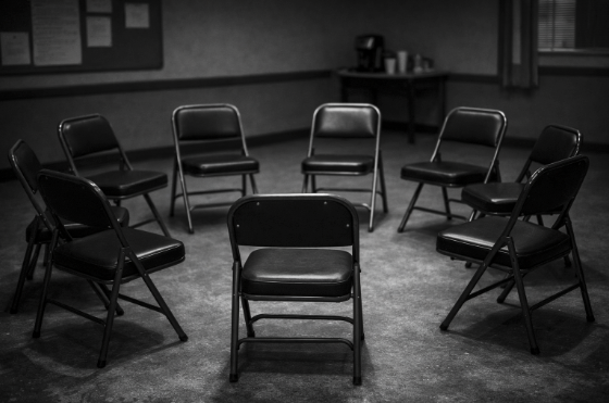 Empty chairs arranged in a circle in a dimly lit meeting room